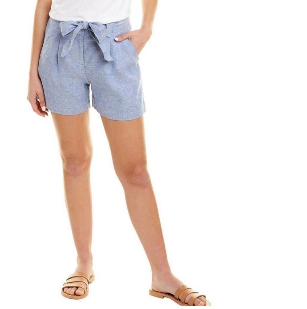 J. McLaughlin Abbie Shorts Linen Blend Tie Waist High Rise Blue Chambray 2